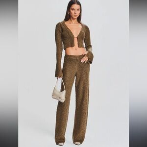 Textured Wide-Leg Knit Pants in Olive Brown with opened crop top